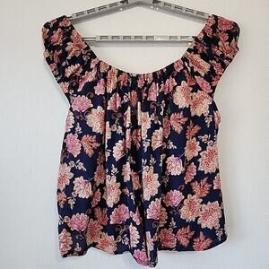 Old Navy 2X Womens Peasant Swing Top Navy Floral Cottagecore Festival Feminine